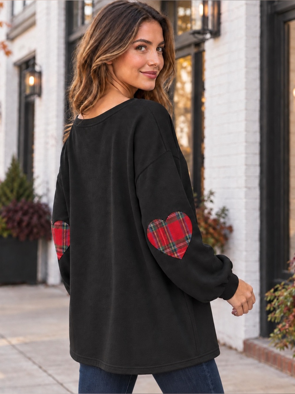 Lovelo Black & Red Plaid Tartan Heart-shaped Elbow Patch Pullover Sweatshirt